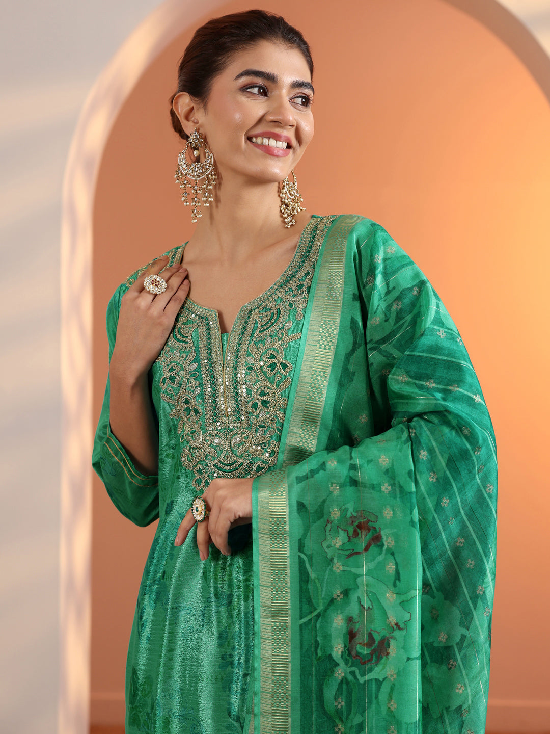  Green Printed Chinon Straight Suit Set With Dupatta 
