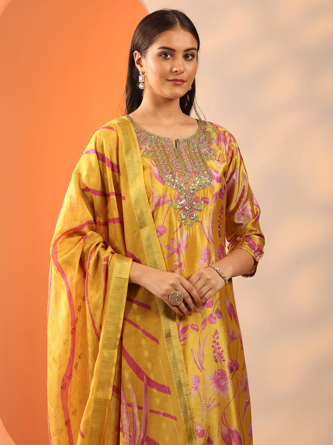  Mustard Printed Chinon Straight Suit Set With Dupatta 