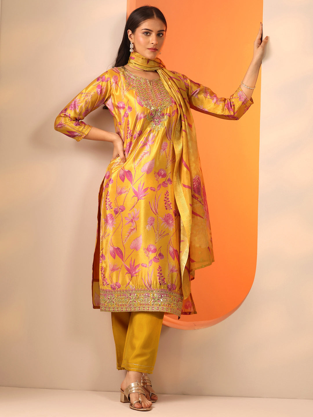  Mustard Printed Chinon Straight Suit Set With Dupatta 