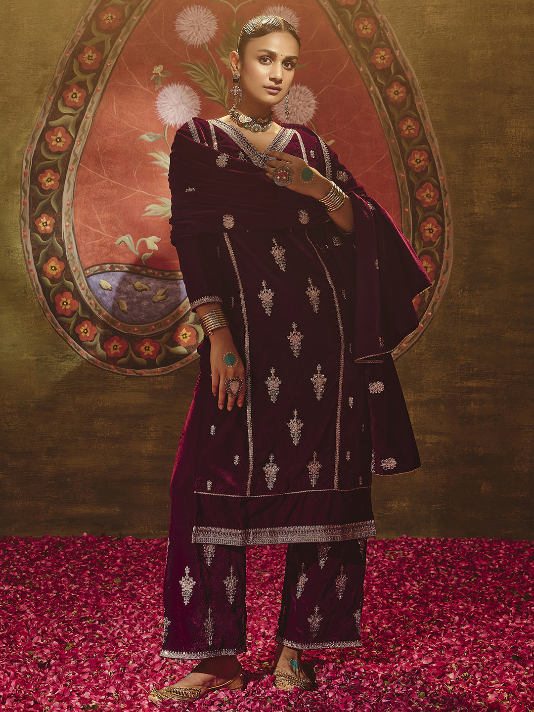 Tejasvini Maroon Embroidered Velvet Straight Suit Set With Dupatta