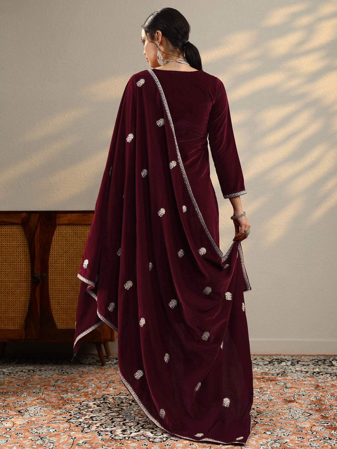  Tejasvini Maroon Embroidered Velvet Straight Suit Set With Dupatta 