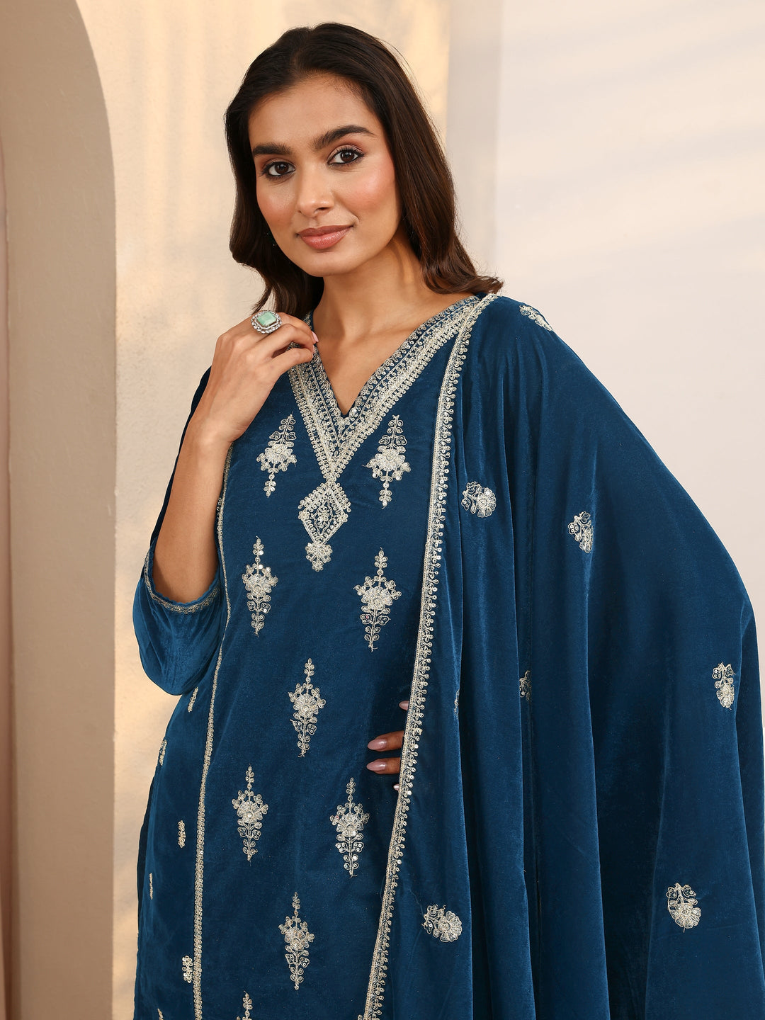  Teal Embroidered Velvet Straight Suit Set With Dupatta 
