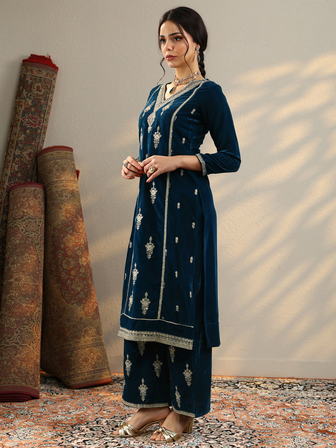  Navy Blue Embroidered Velvet Straight Suit Set With Dupatta 