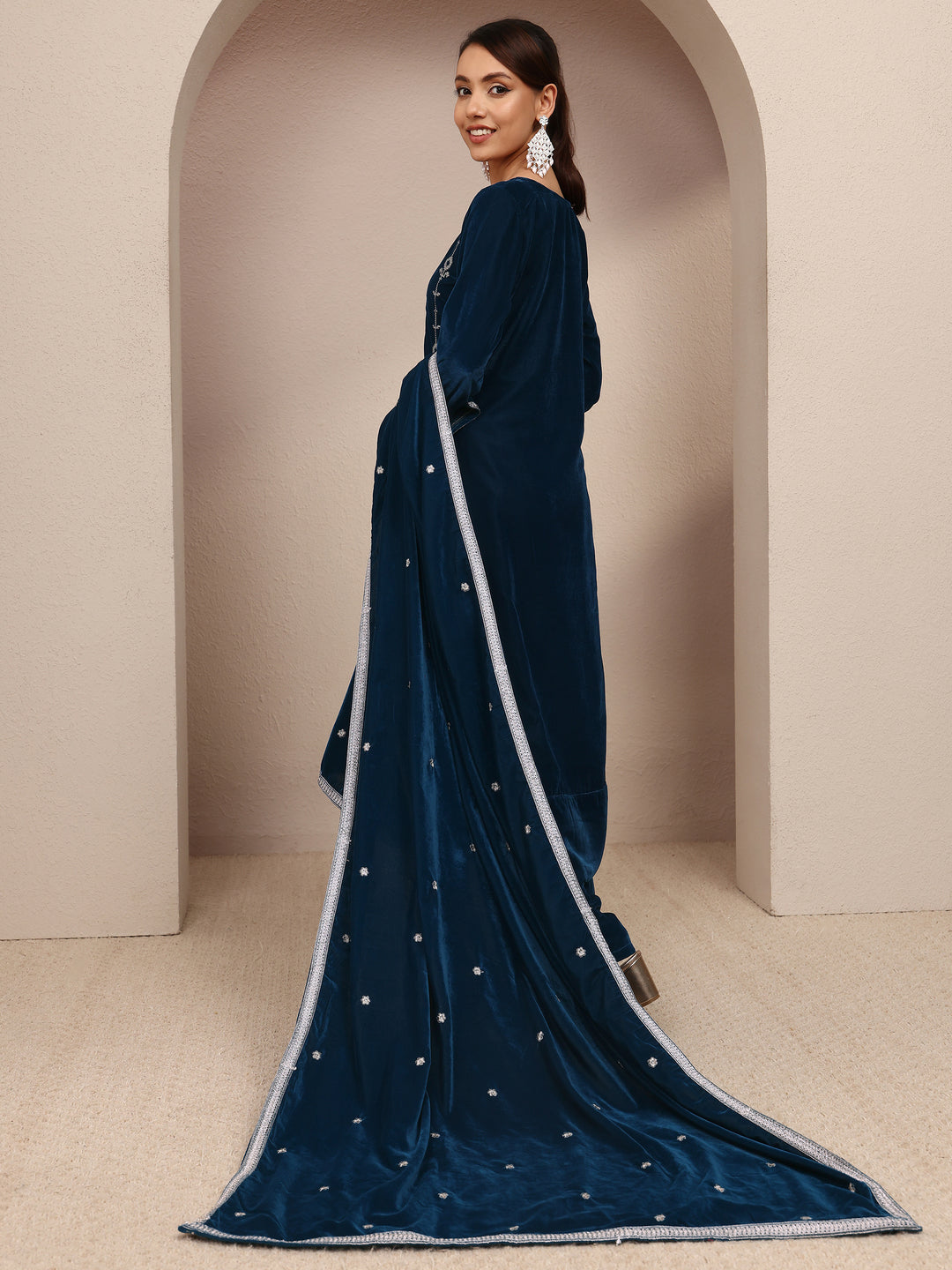  Navy Blue Embroidered Velvet Straight Suit Set With Dupatta 