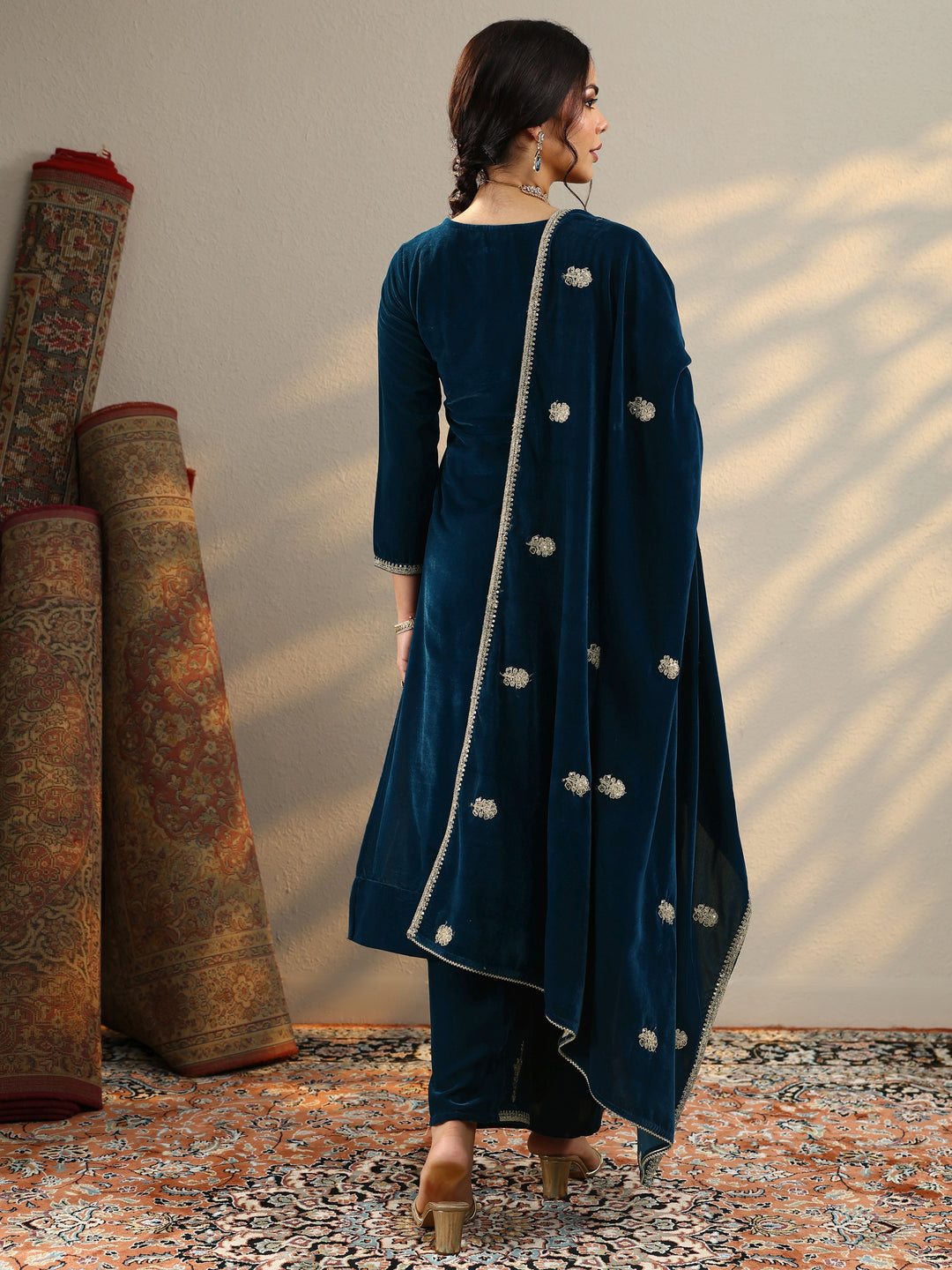  Navy Blue Embroidered Velvet Straight Suit Set With Dupatta 