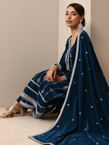 Navy Blue Embroidered Velvet Straight Suit Set With Dupatta