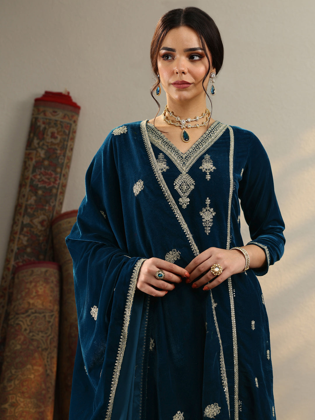  Navy Blue Embroidered Velvet Straight Suit Set With Dupatta 
