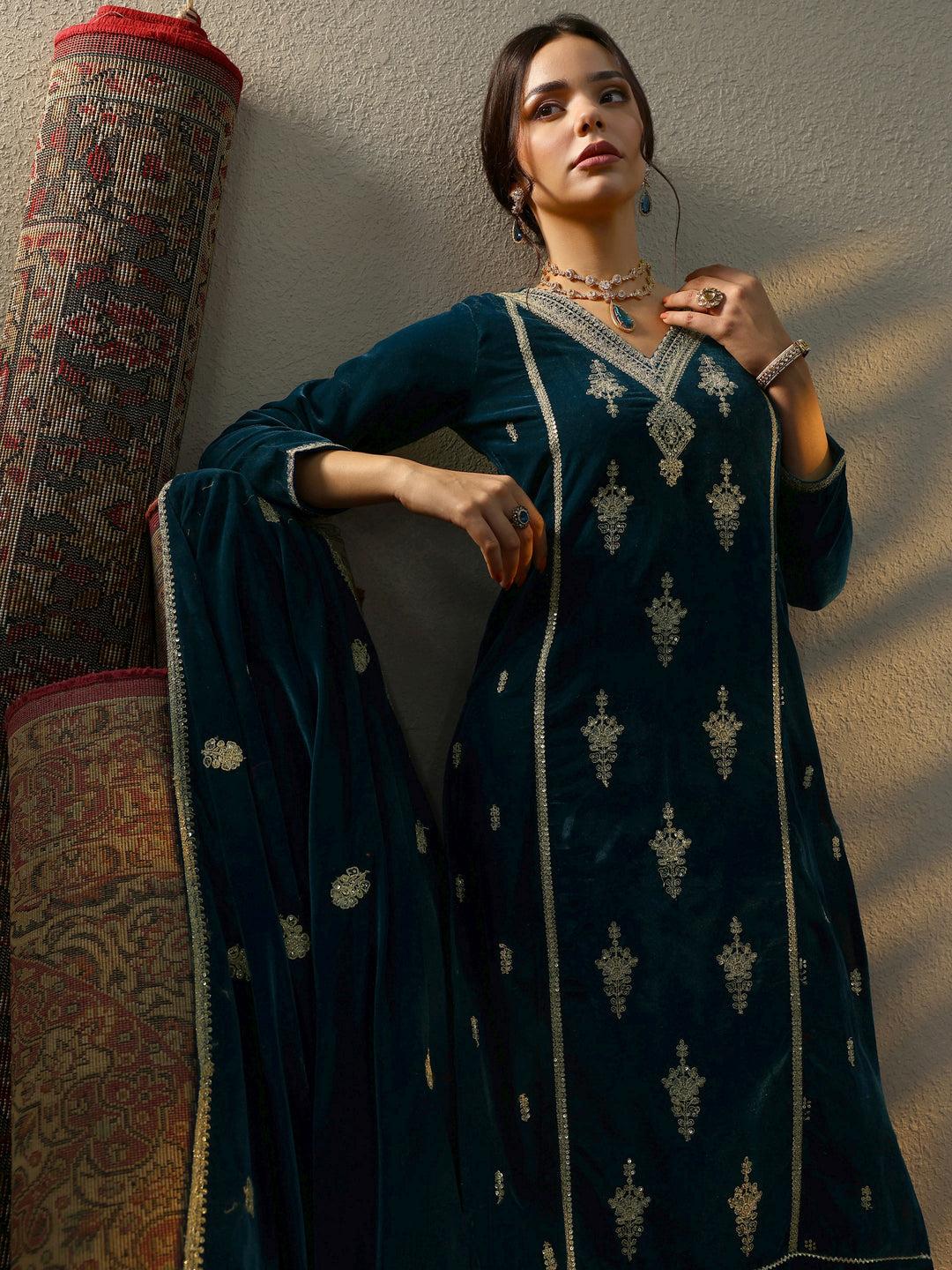 Navy Blue Embroidered Velvet Straight Suit Set With Dupatta