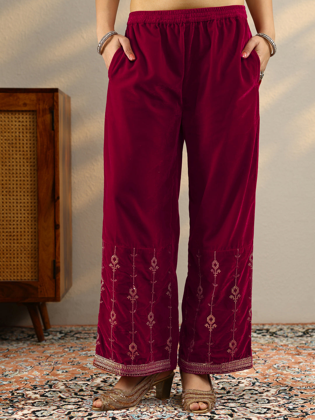  Red Embroidered Velvet Straight Suit Set With Dupatta 