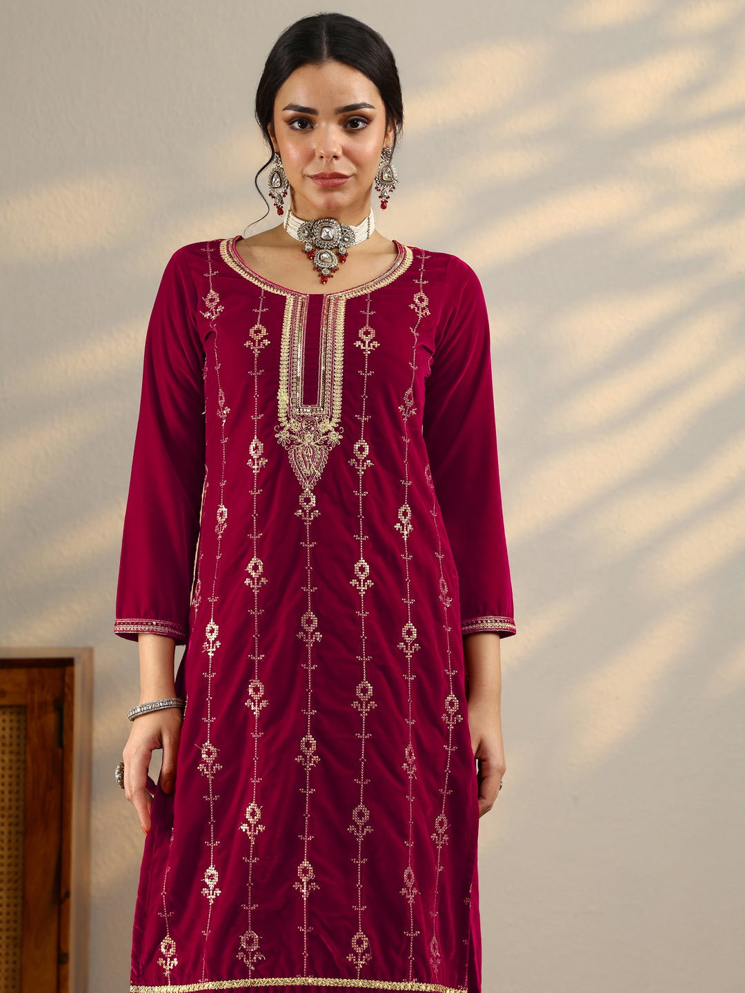  Red Embroidered Velvet Straight Suit Set With Dupatta 