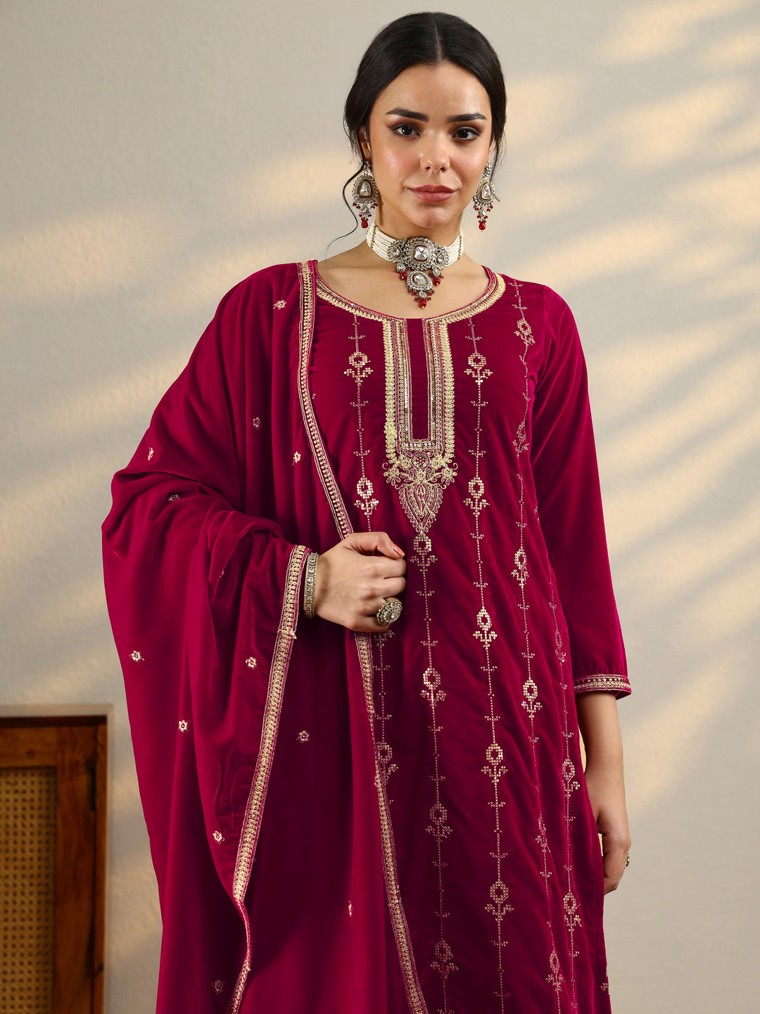 Red Embroidered Velvet Straight Suit Set With Dupatta 