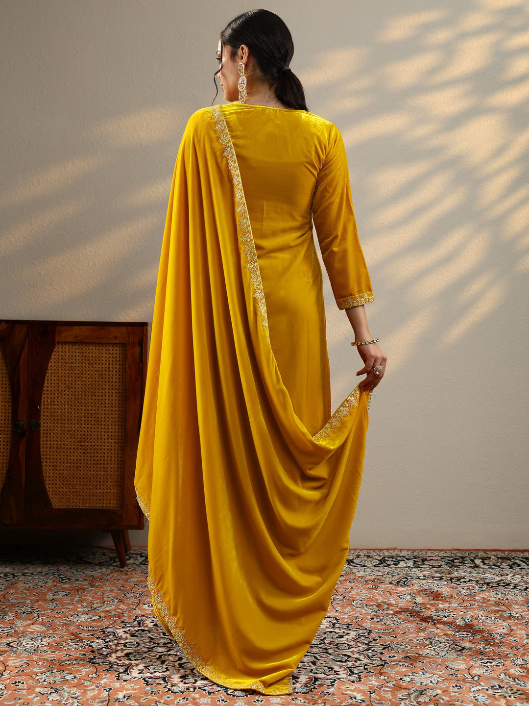  Mustard Embroidered Velvet Straight Suit Set With Dupatta 
