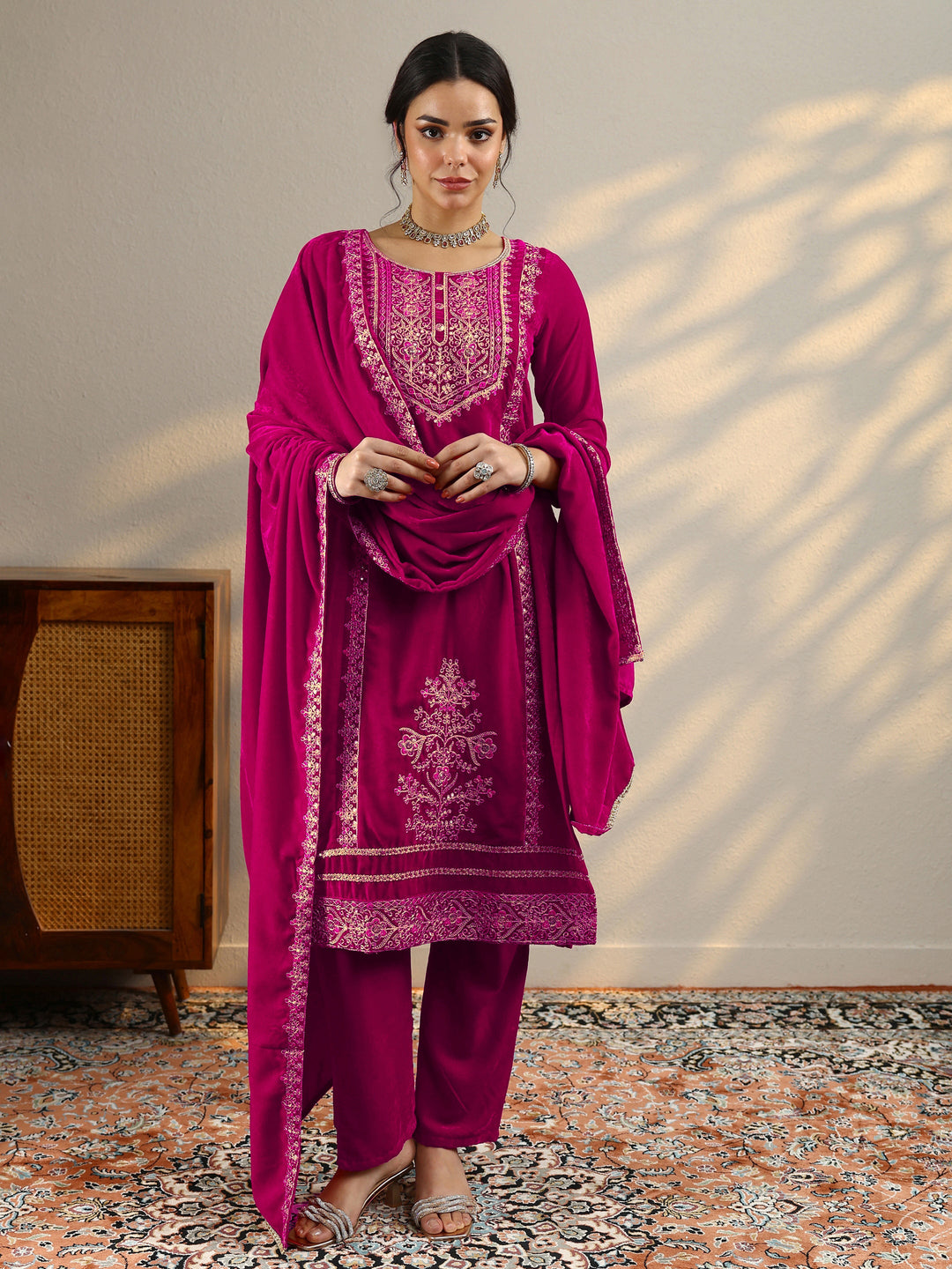 Pink Embroidered Velvet Straight Suit Set With Dupatta 