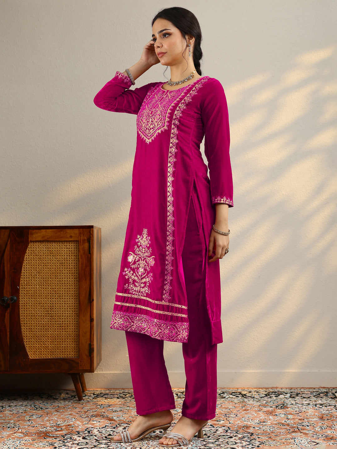  Pink Embroidered Velvet Straight Suit Set With Dupatta 