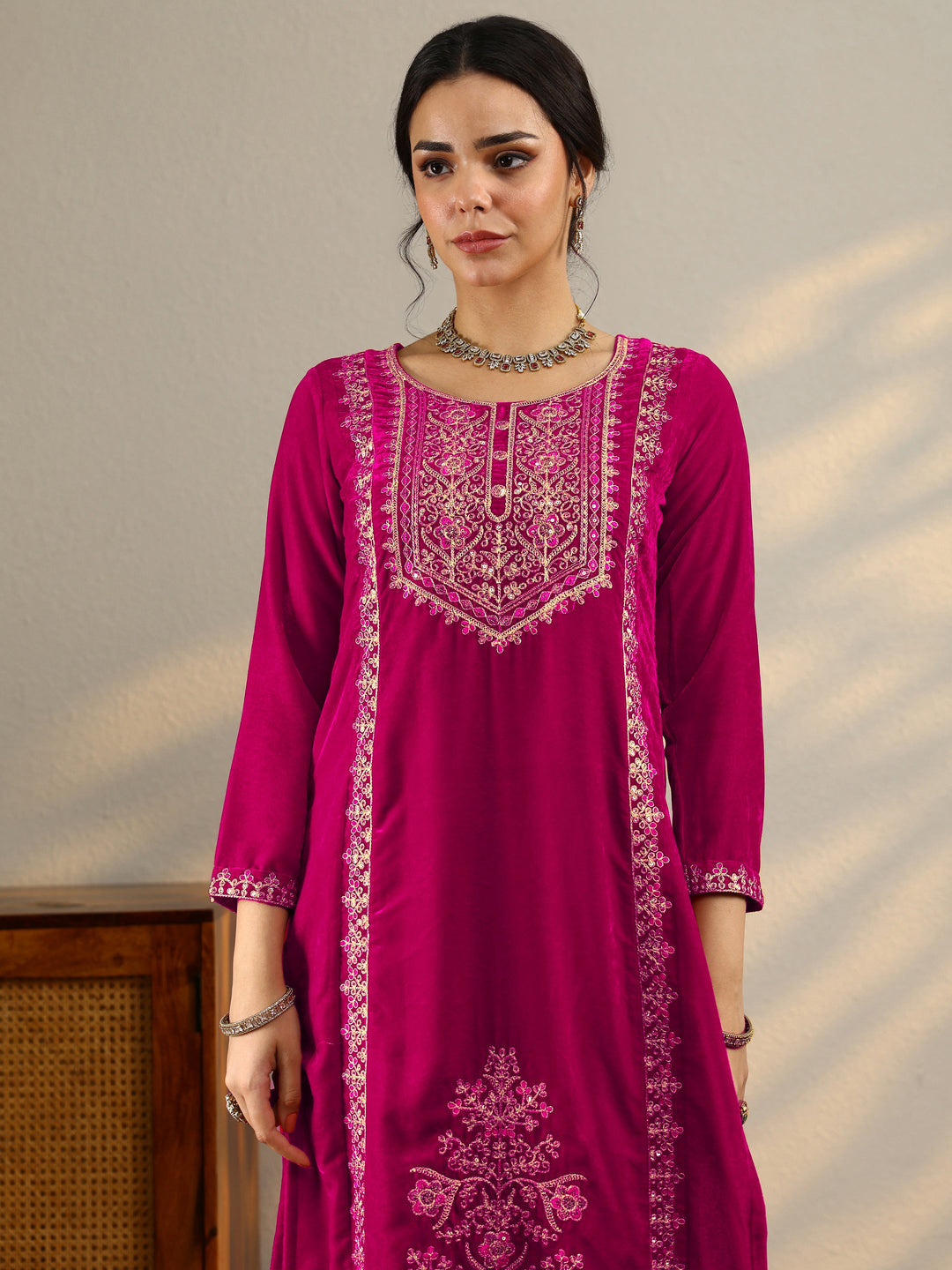  Pink Embroidered Velvet Straight Suit Set With Dupatta 
