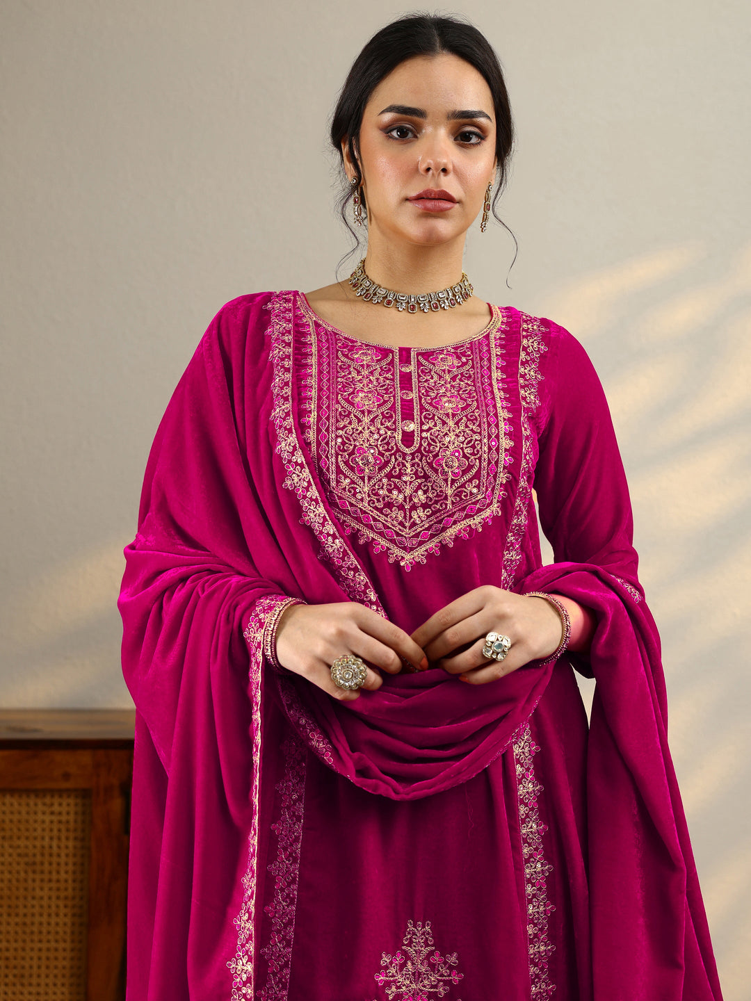  Pink Embroidered Velvet Straight Suit Set With Dupatta 