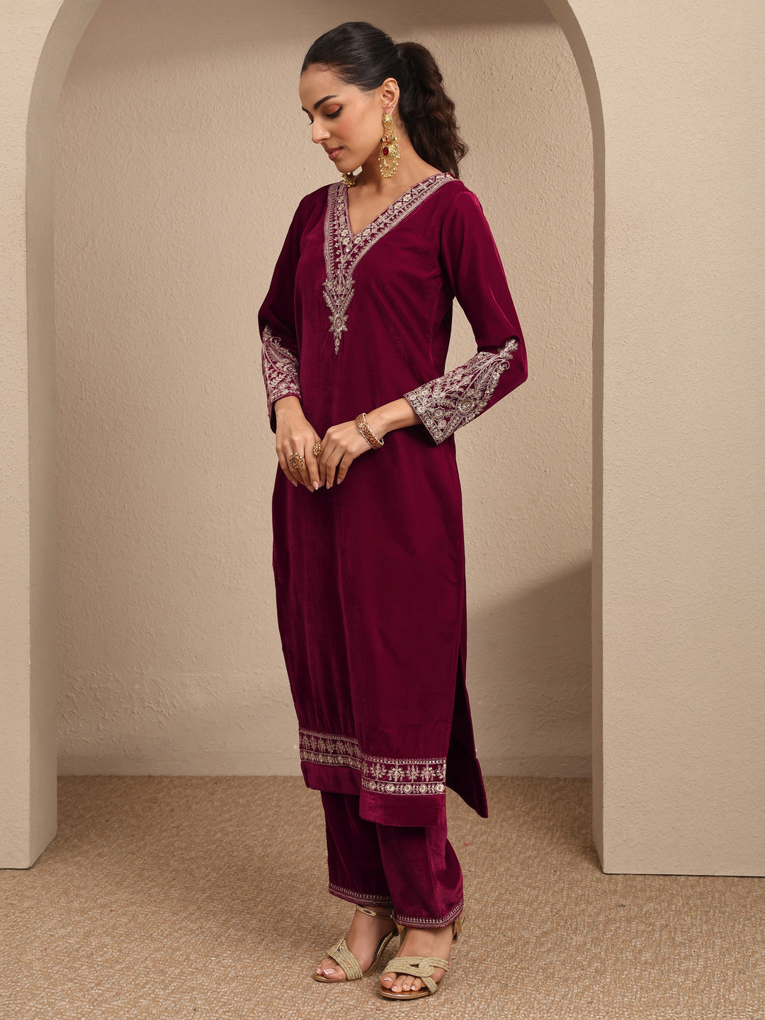  Maroon Embroidered Velvet Straight Suit Set With Dupatta 
