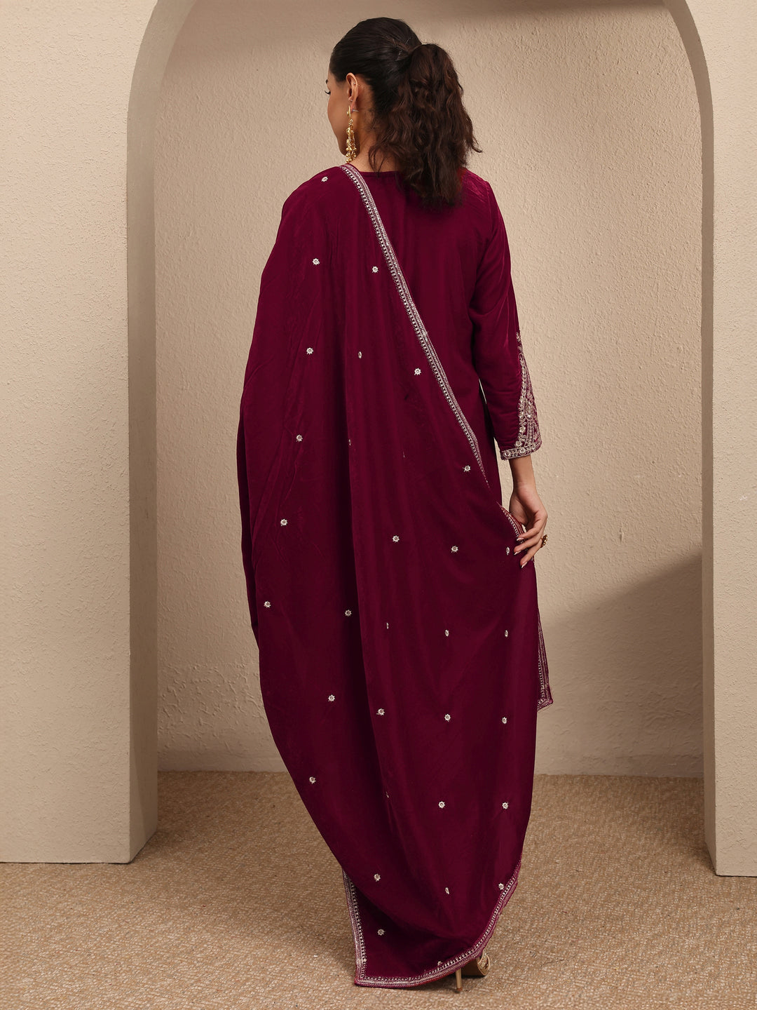  Maroon Embroidered Velvet Straight Suit Set With Dupatta 