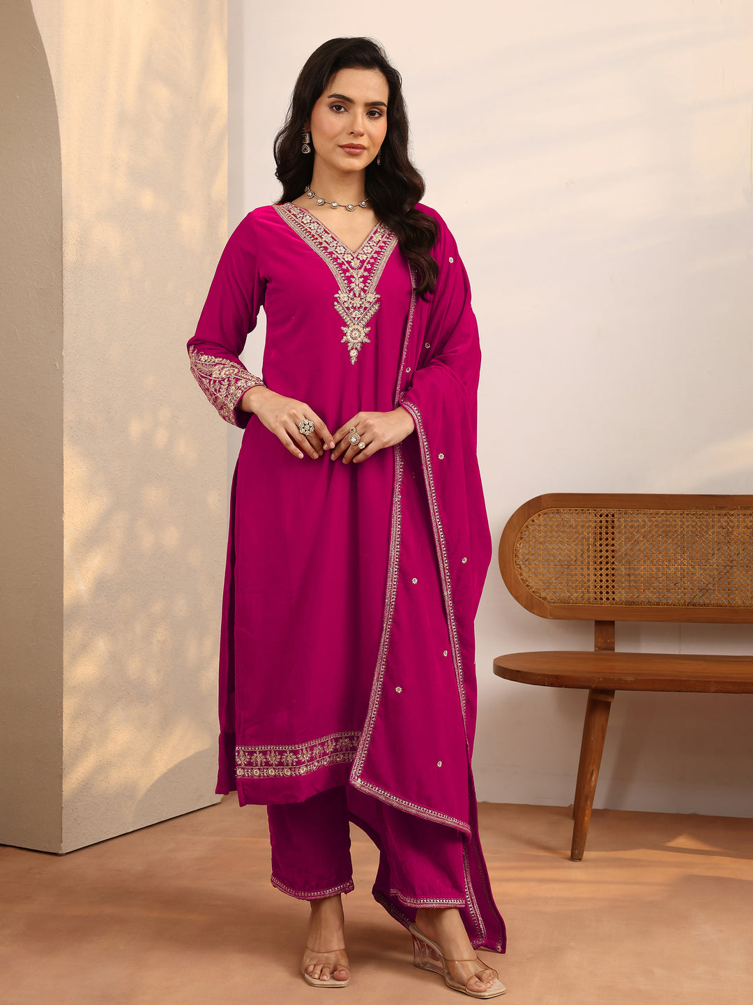  Pink Embroidered Velvet Straight Suit Set With Dupatta 