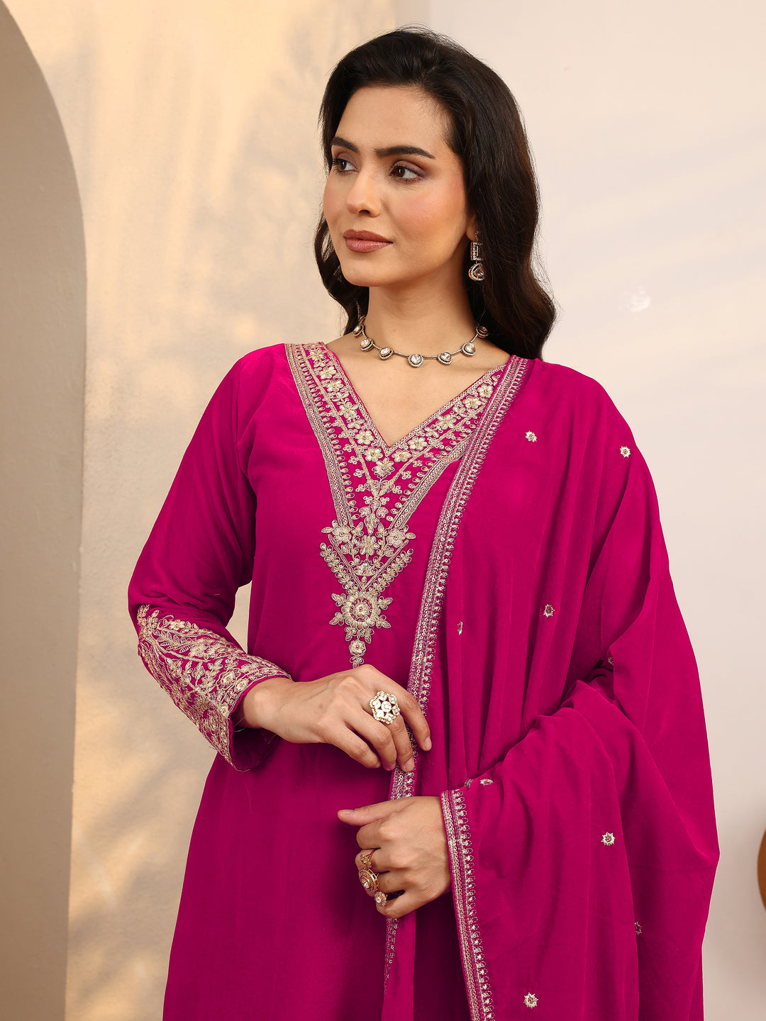  Pink Embroidered Velvet Straight Suit Set With Dupatta 