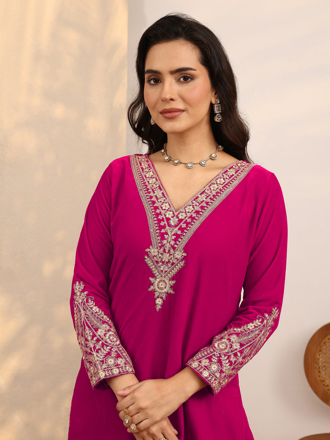  Pink Embroidered Velvet Straight Suit Set With Dupatta 