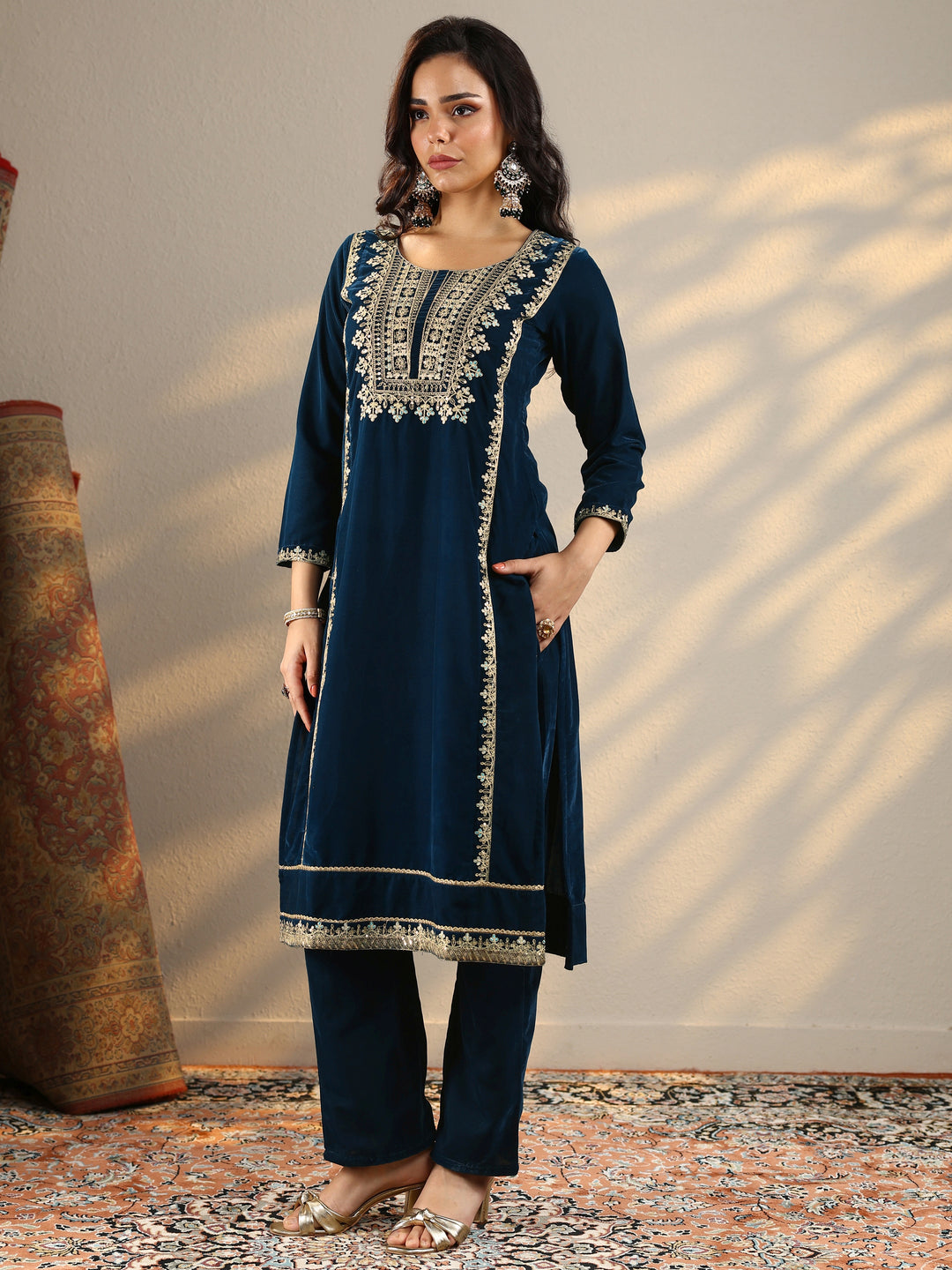  Navy Blue Embroidered Velvet Straight Suit Set With Dupatta 