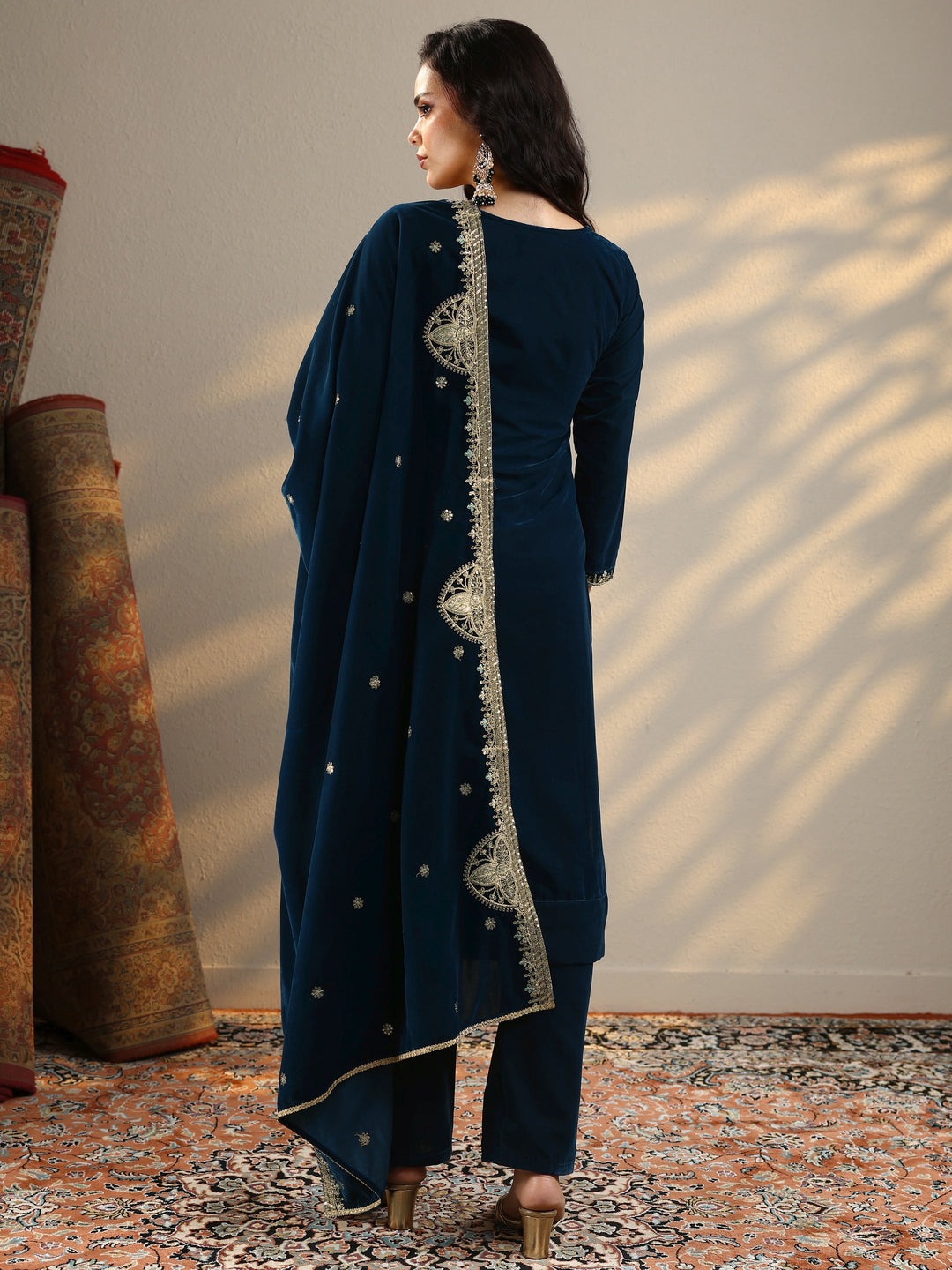  Navy Blue Embroidered Velvet Straight Suit Set With Dupatta 