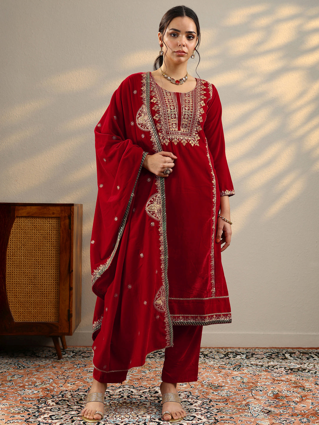  Red Embroidered Velvet Straight Suit Set With Dupatta 