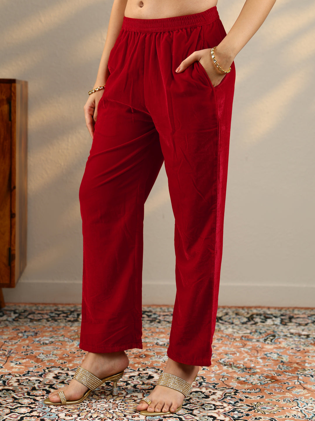  Red Embroidered Velvet Straight Suit Set With Dupatta 