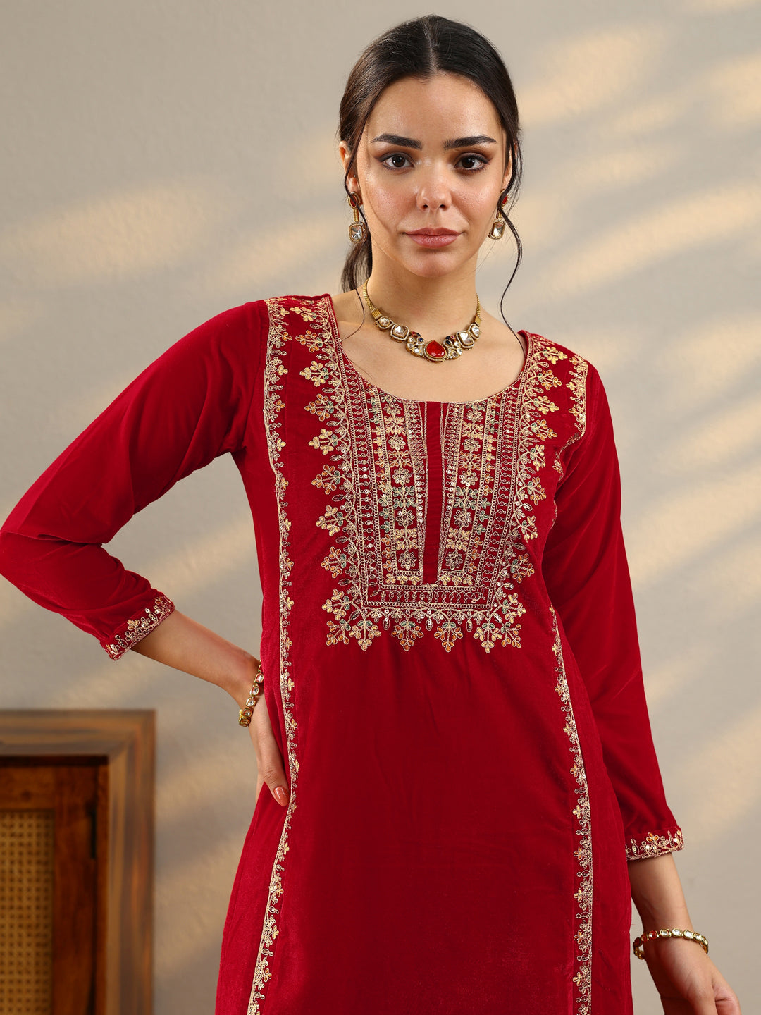 Red Embroidered Velvet Straight Suit Set With Dupatta 