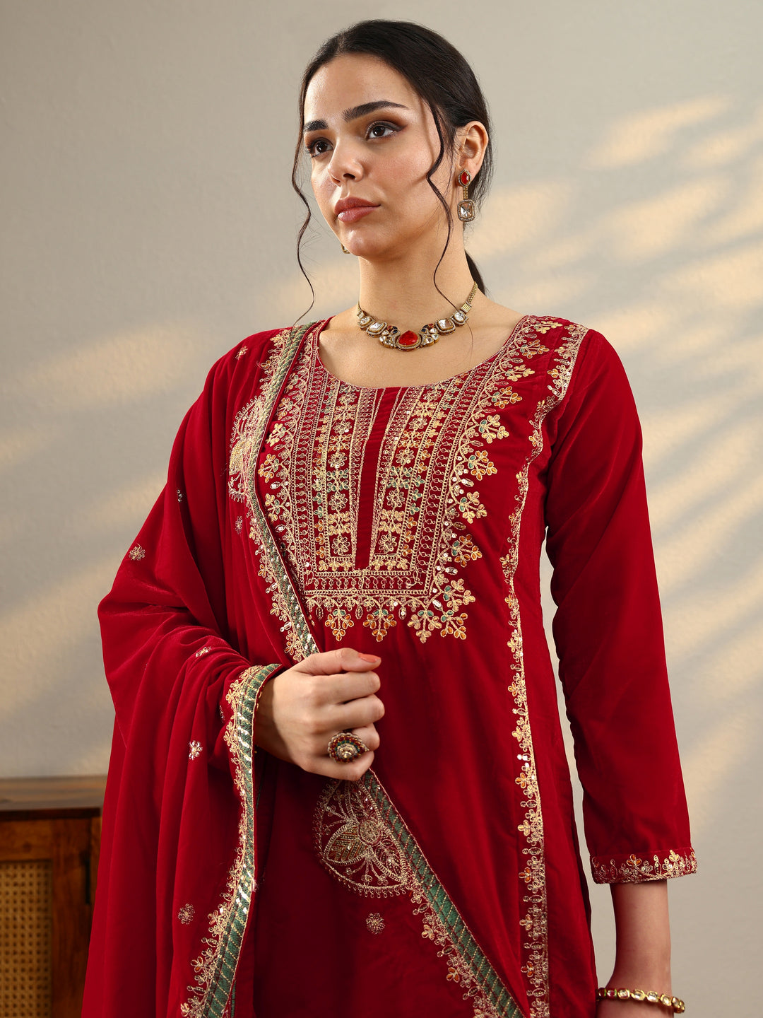  Red Embroidered Velvet Straight Suit Set With Dupatta 