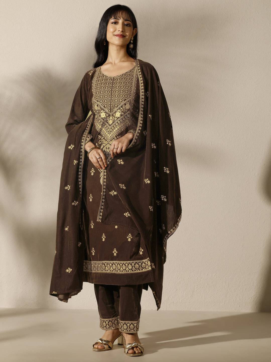  Brown Embroidered Velvet Straight Suit Set With Dupatta 