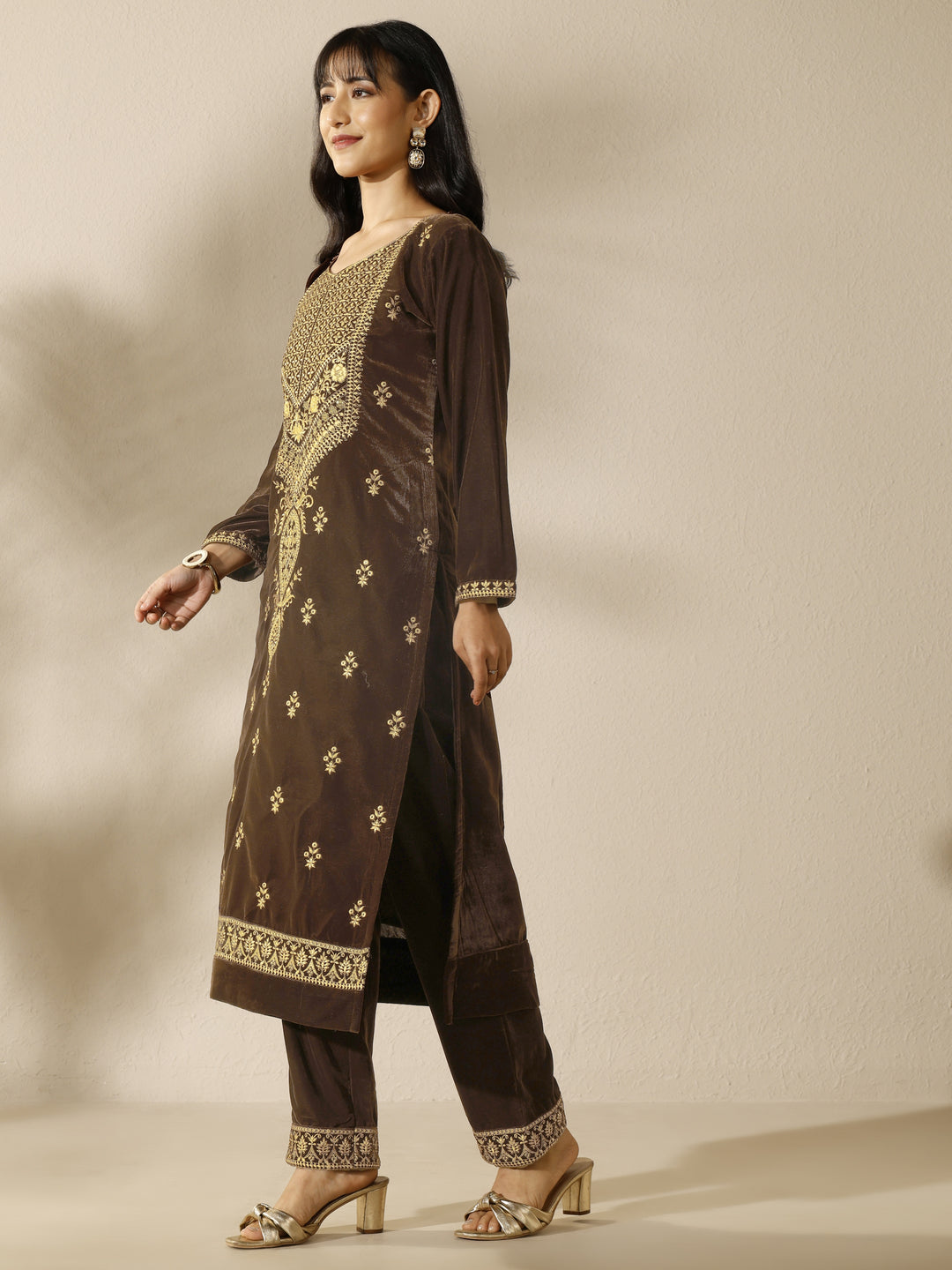  Brown Embroidered Velvet Straight Suit Set With Dupatta 