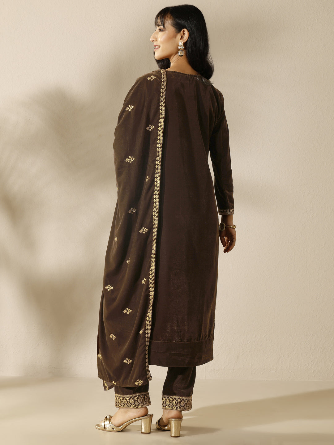  Brown Embroidered Velvet Straight Suit Set With Dupatta 