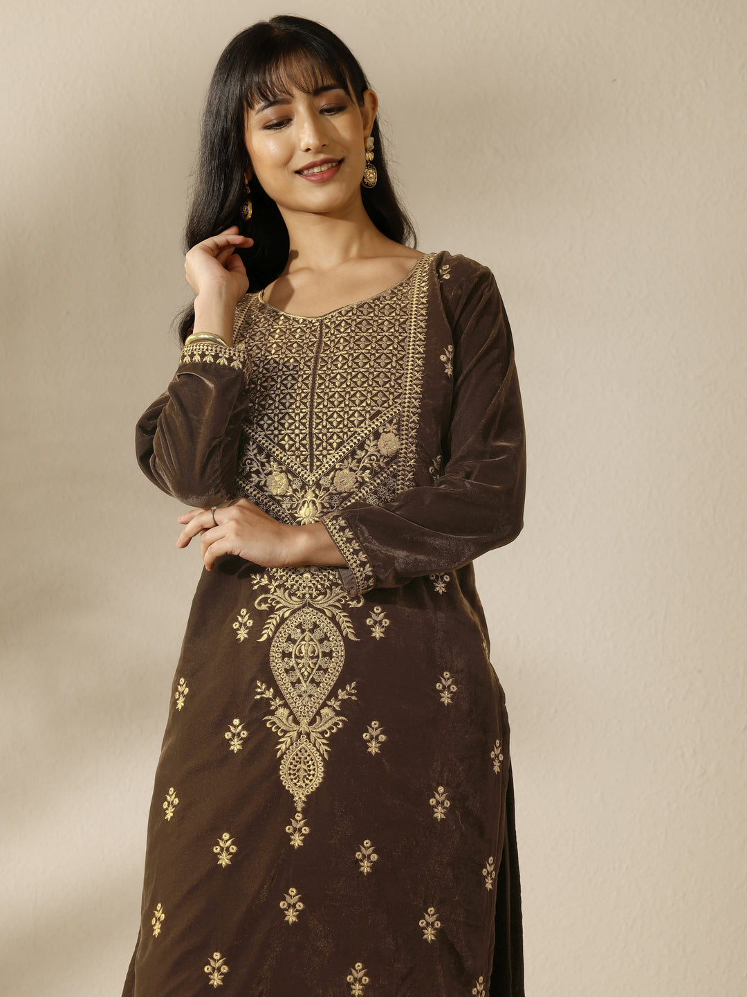  Brown Embroidered Velvet Straight Suit Set With Dupatta 