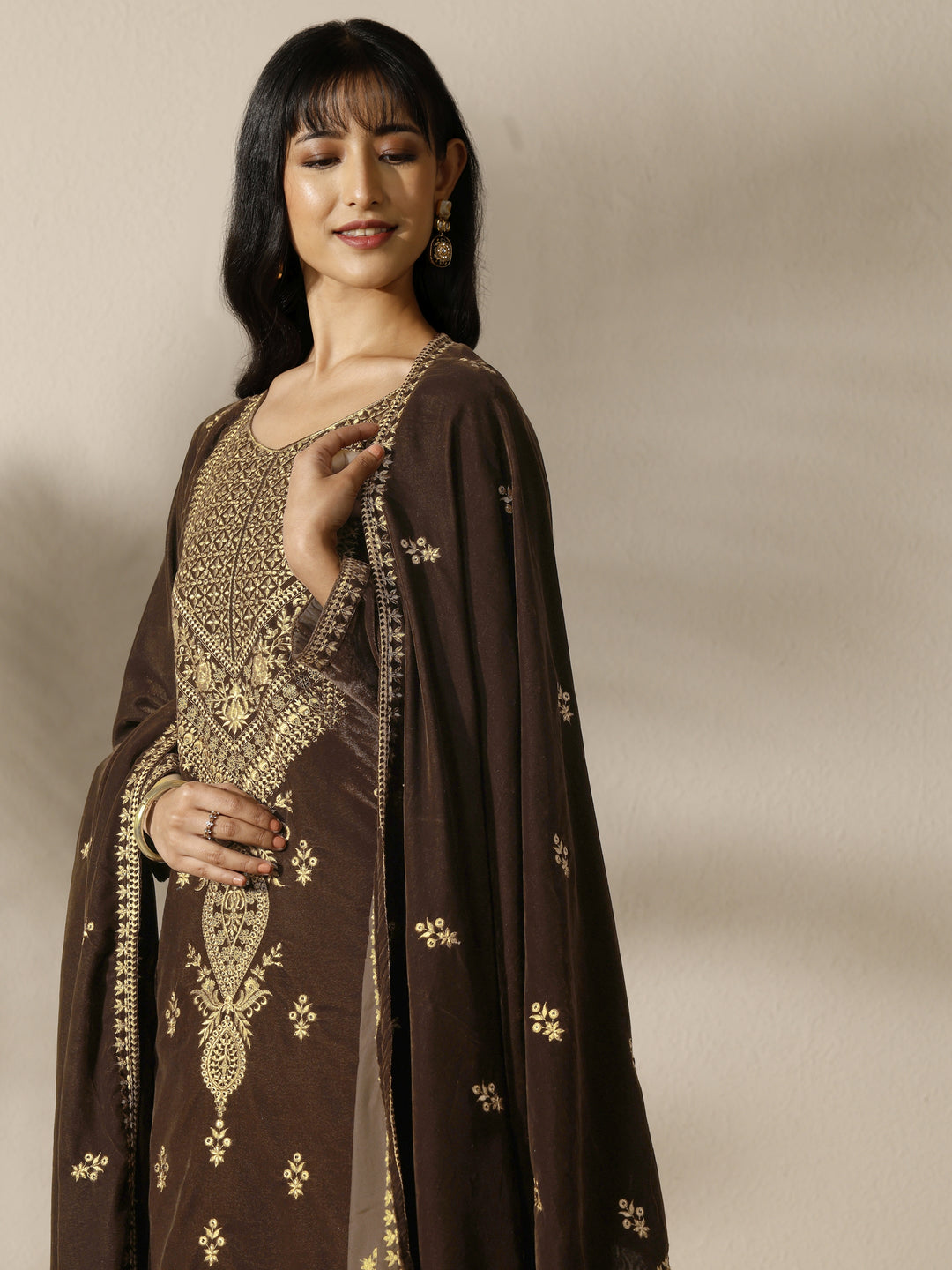  Brown Embroidered Velvet Straight Suit Set With Dupatta 