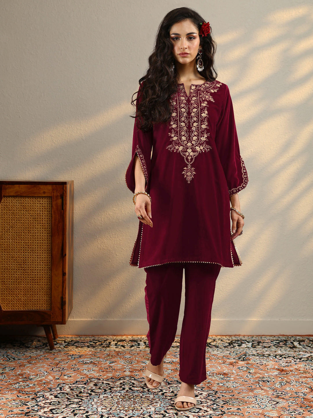  Maroon Woven Design Velvet Co-Ord Sets 