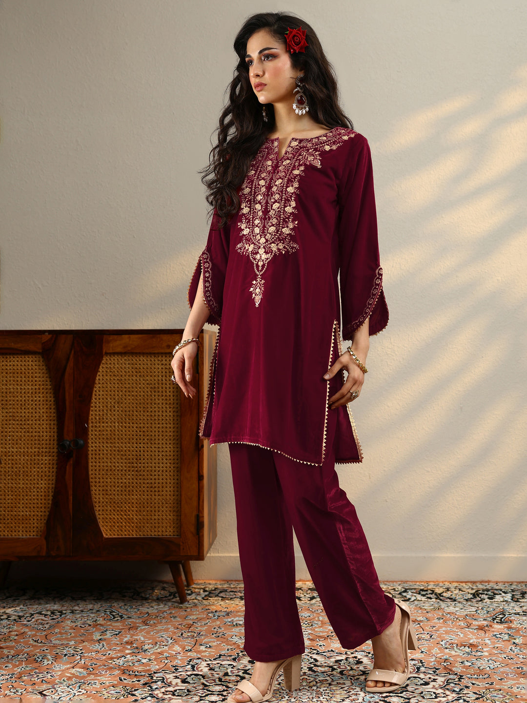  Maroon Woven Design Velvet Co-Ord Sets 