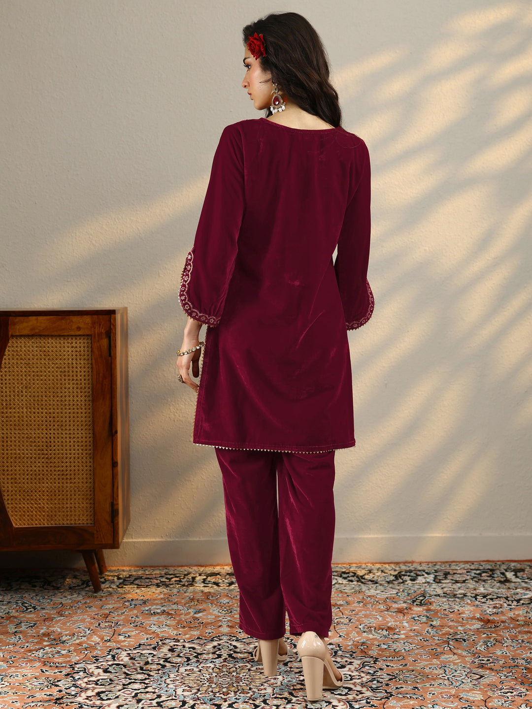  Maroon Woven Design Velvet Co-Ord Sets 