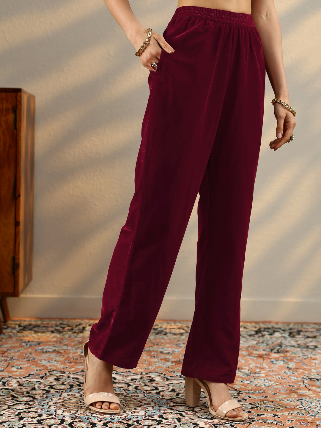  Maroon Woven Design Velvet Co-Ord Sets 