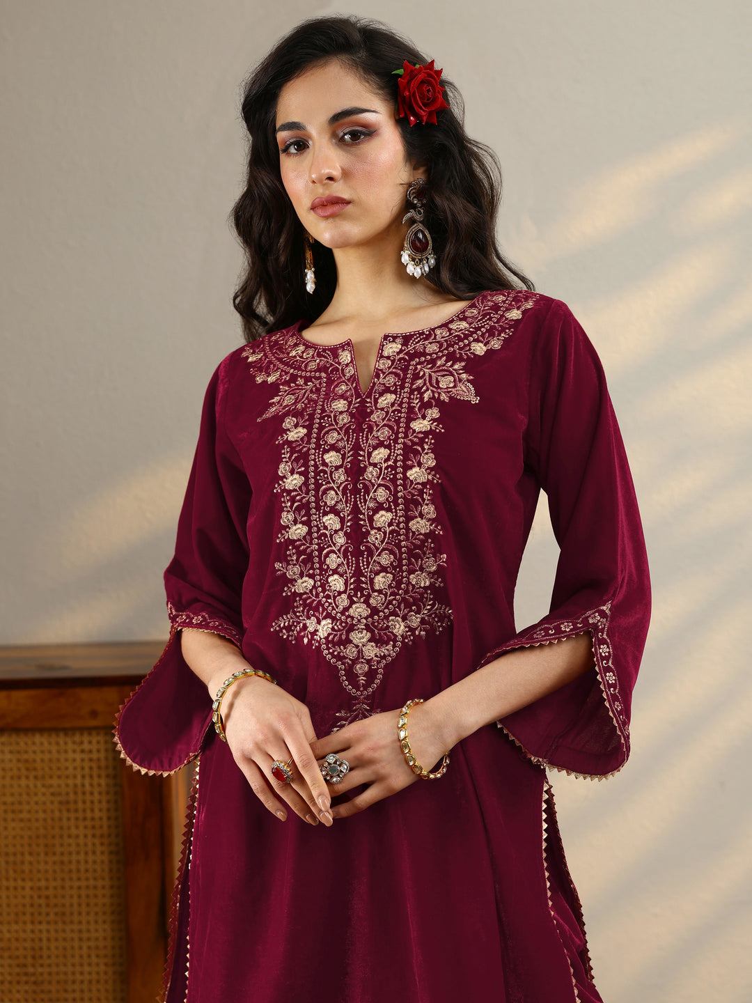 Maroon Woven Design Velvet Co-Ord Sets 