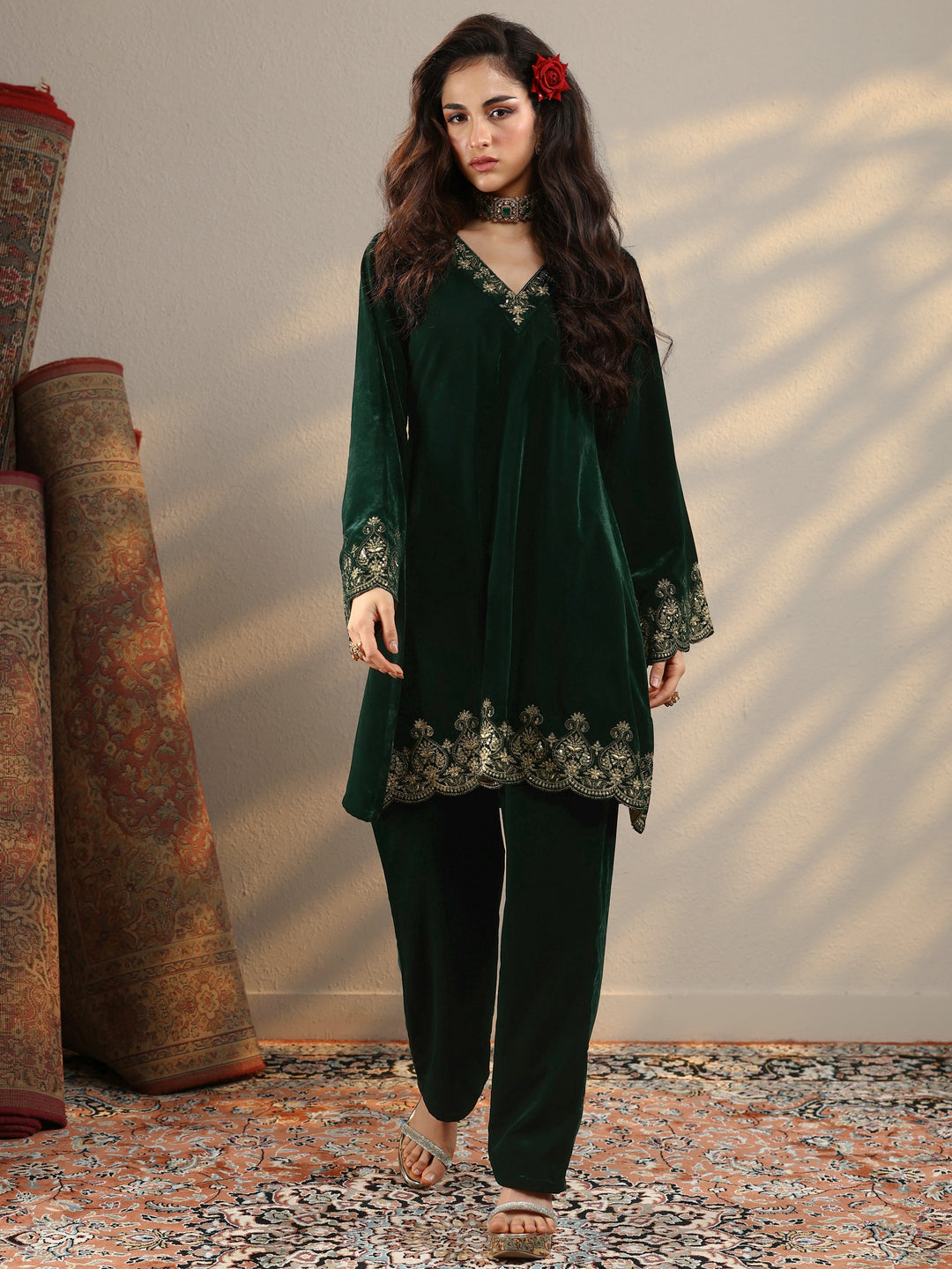  Green Embroidered Velvet Co-Ord Sets 