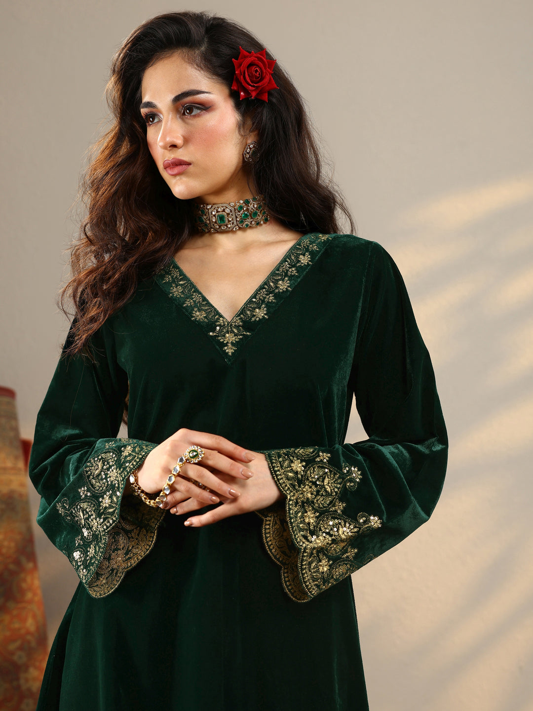  Green Embroidered Velvet Co-Ord Sets 