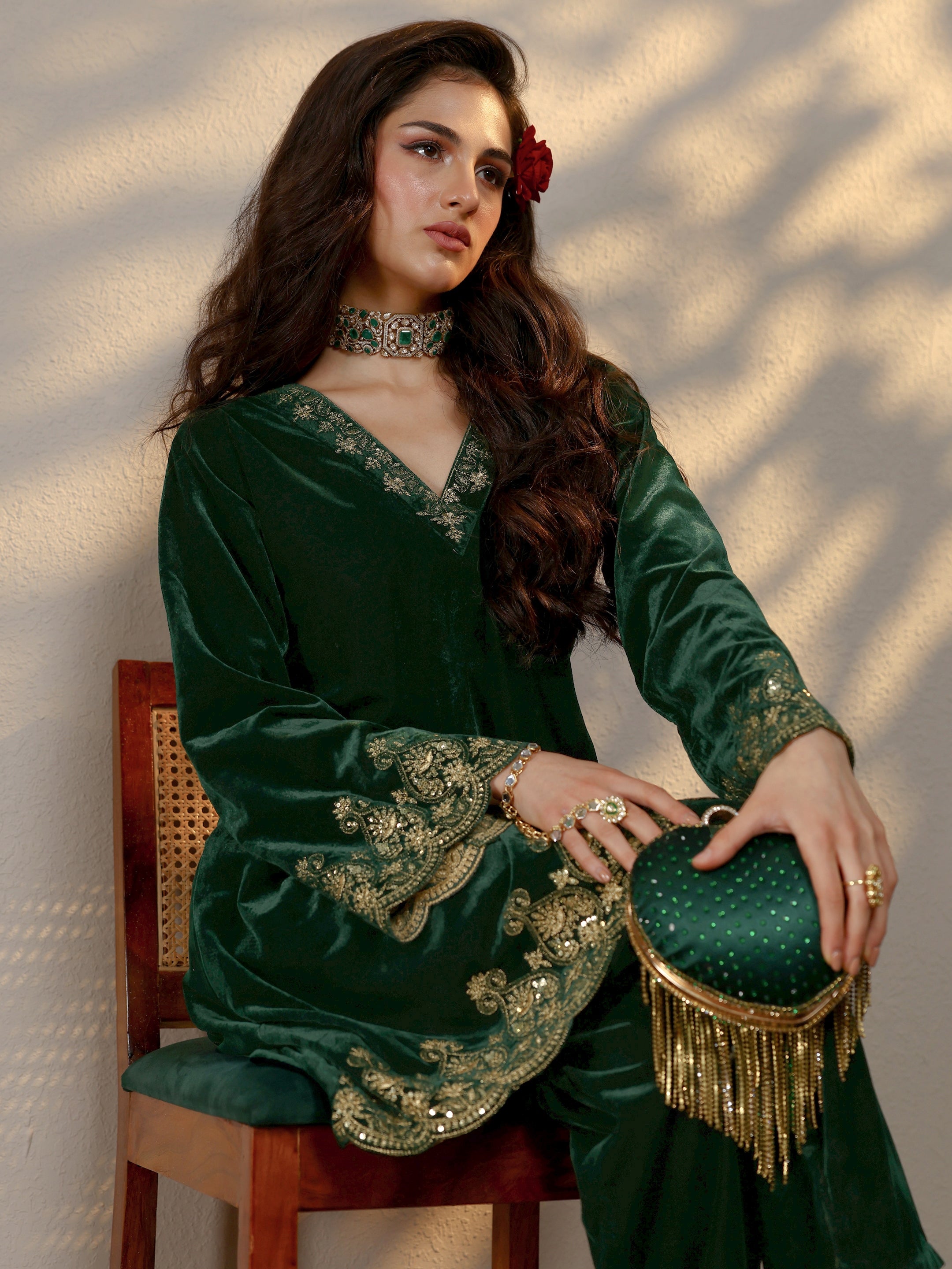 libas Green Embroidered Velvet Co-Ord Sets-picture-63