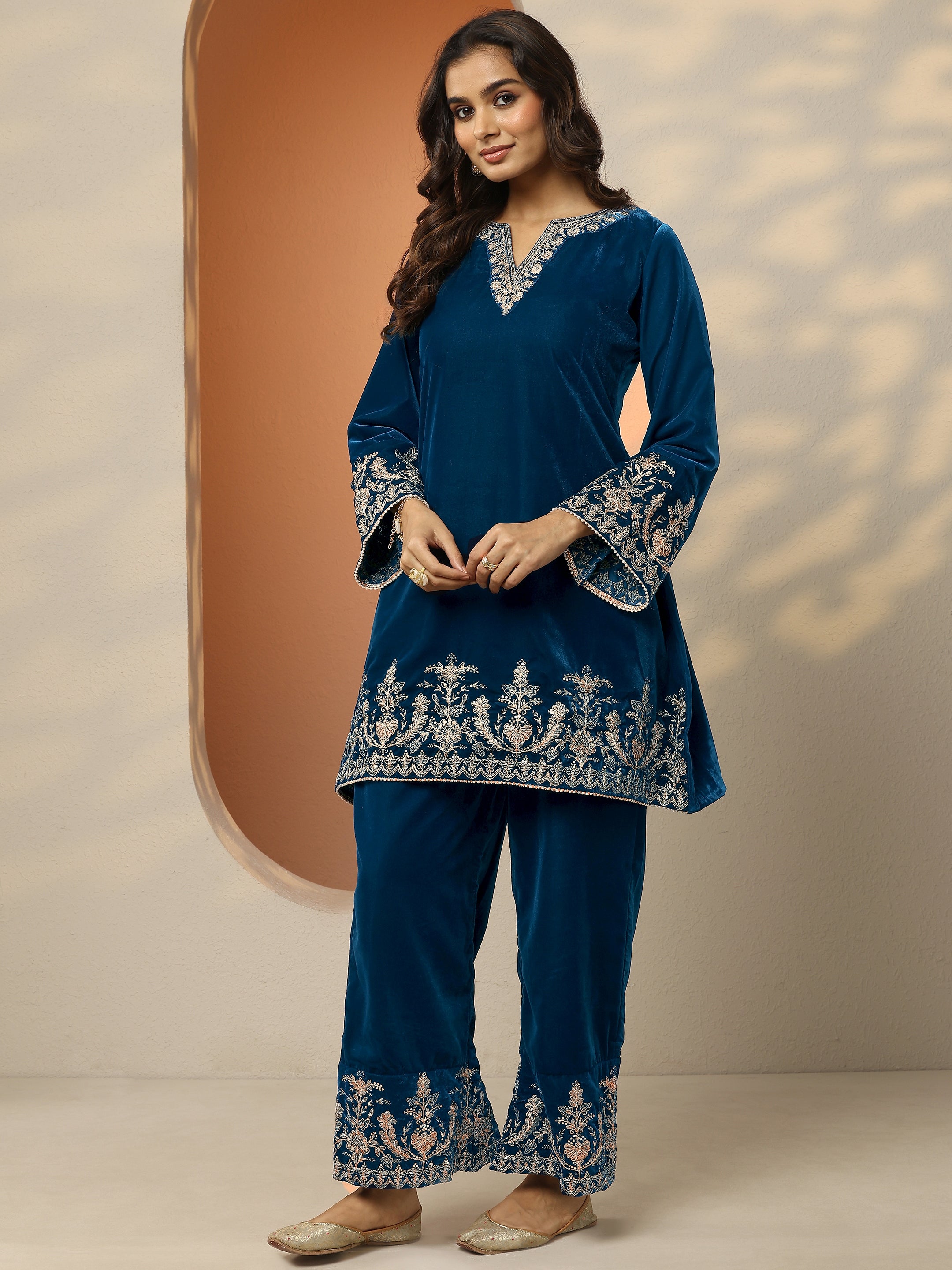 libas Navy Blue Embroidered Velvet Co-Ord Sets-picture-42