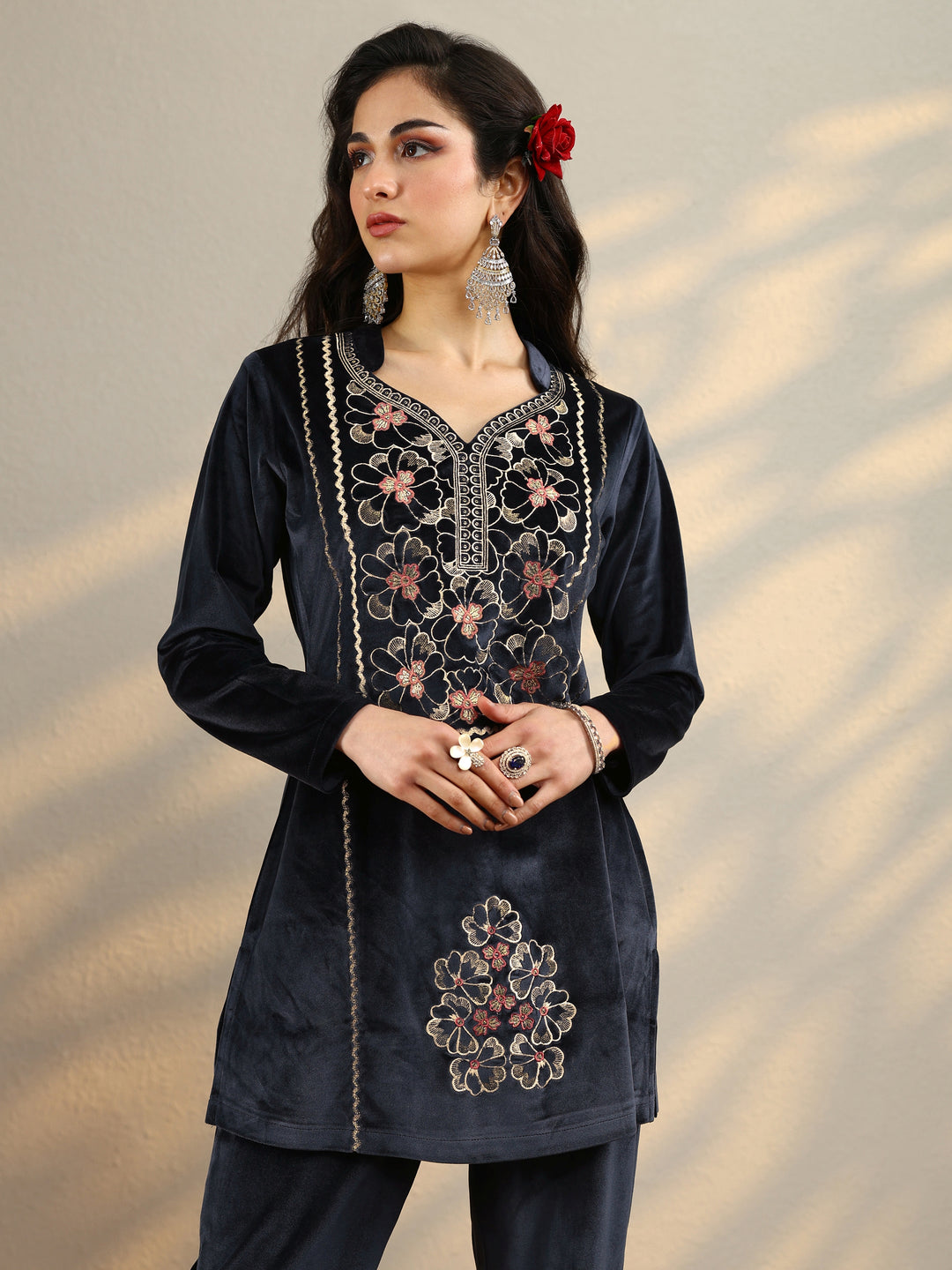 Grey Woven Design Velvet Co-Ord Sets