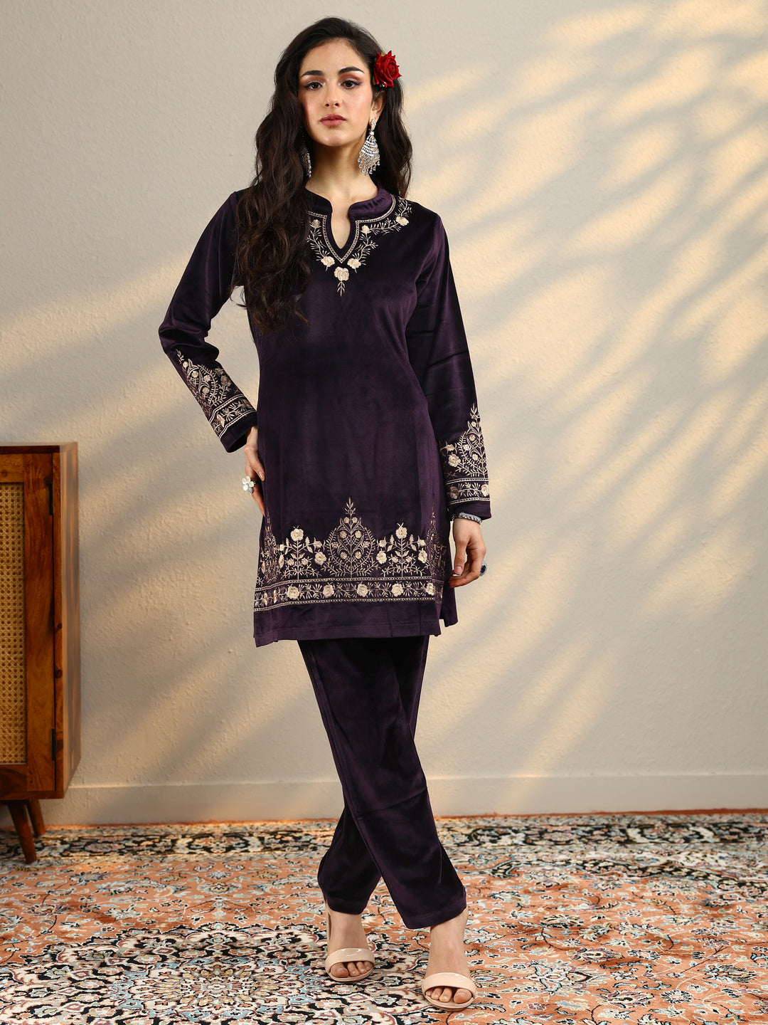 Burgundy Woven Design Velvet Co-Ord Sets