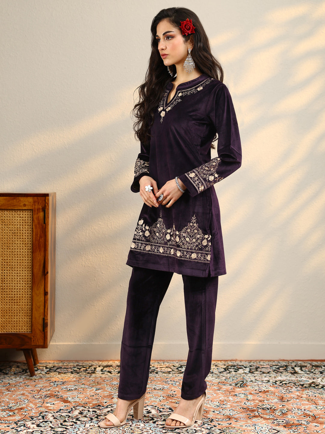  Burgundy Woven Design Velvet Co-Ord Sets 