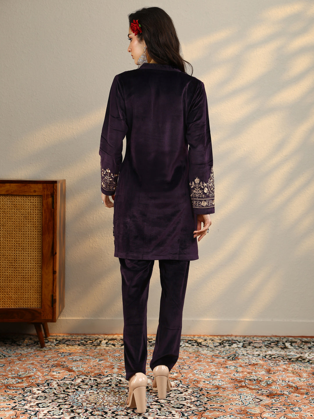  Burgundy Woven Design Velvet Co-Ord Sets 