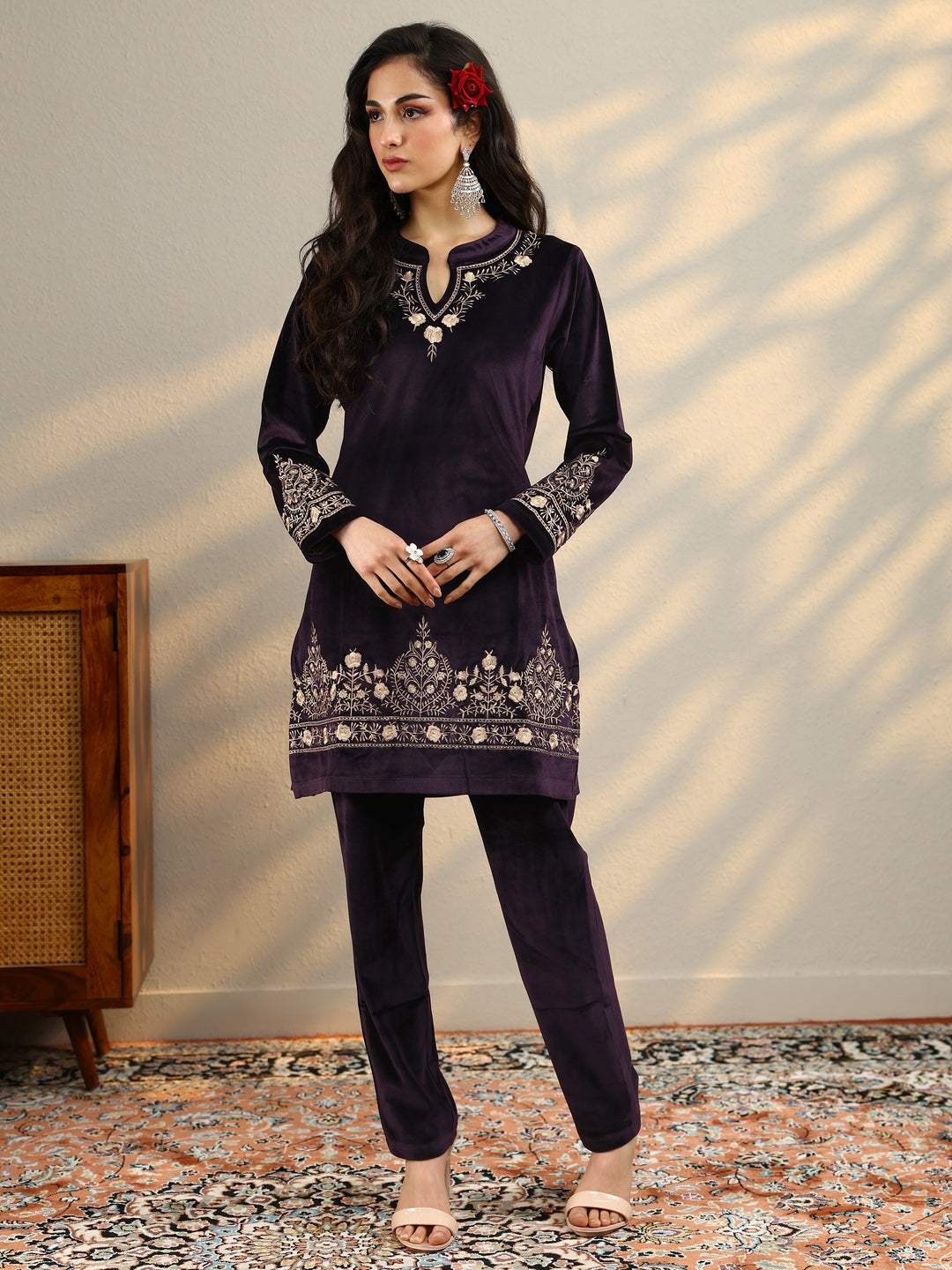  Burgundy Woven Design Velvet Co-Ord Sets 